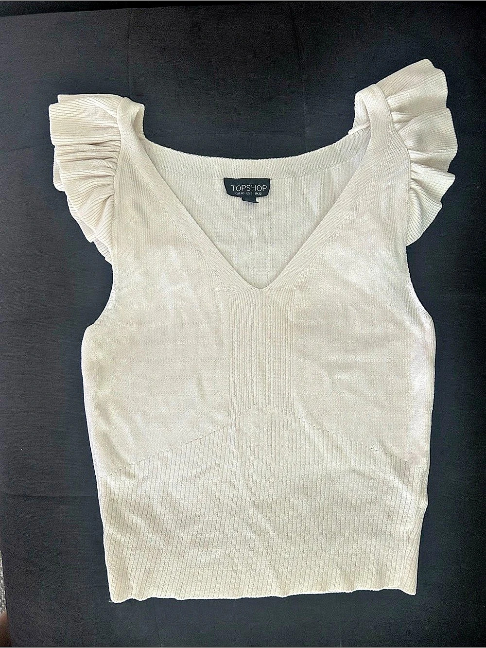 Topshop Ribbed Ruffle Sleeve Top in Cream Size Medium